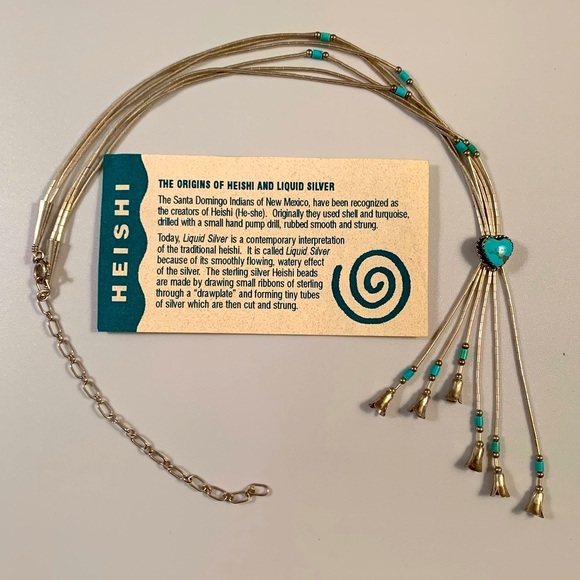 CAROLYN POLLACK 16-20" TURQUOISE SQUASH BLOSSOM LIQUID SILVER HEISHI NECKLACE - Picture 7 of 9